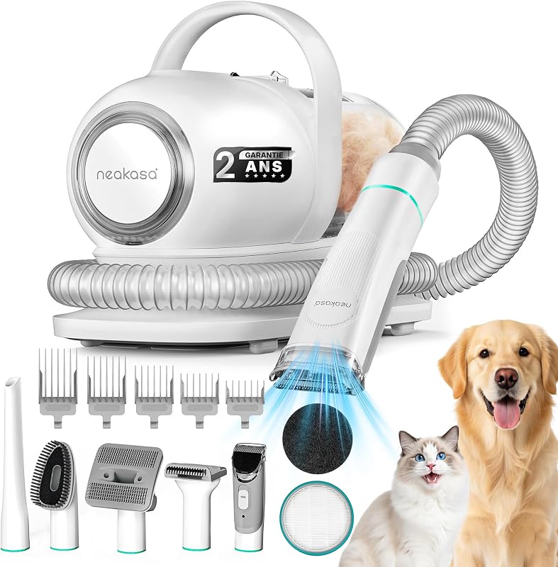 P1 Pro Brosse Chat, Brosse Chien, Tondeuse professionnelle pour chats et chiens, Aspirateur de poils 13000 Pa, Silencieuse 52 dB, 5 Outils de toilettage pour poils courts, longs et épais