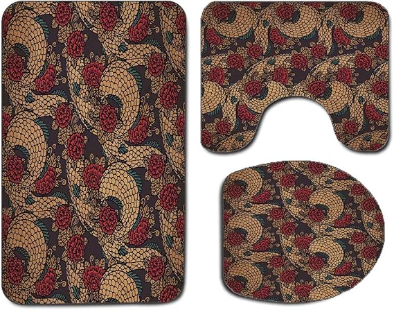 3Pcs rutschfester Badezimmerteppich Toilettensitzdeckel-Set Asiatische