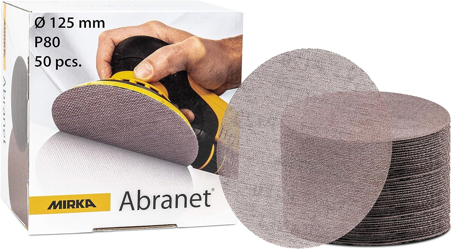 Mirka Abranet net sanding disc Ø 125mm Hook & loop/Grit P80 / 50 pcs/for sanding wood, walls, metal, aluminium, stainless steel, copper, filler, varnish, plastic / 5423205080
