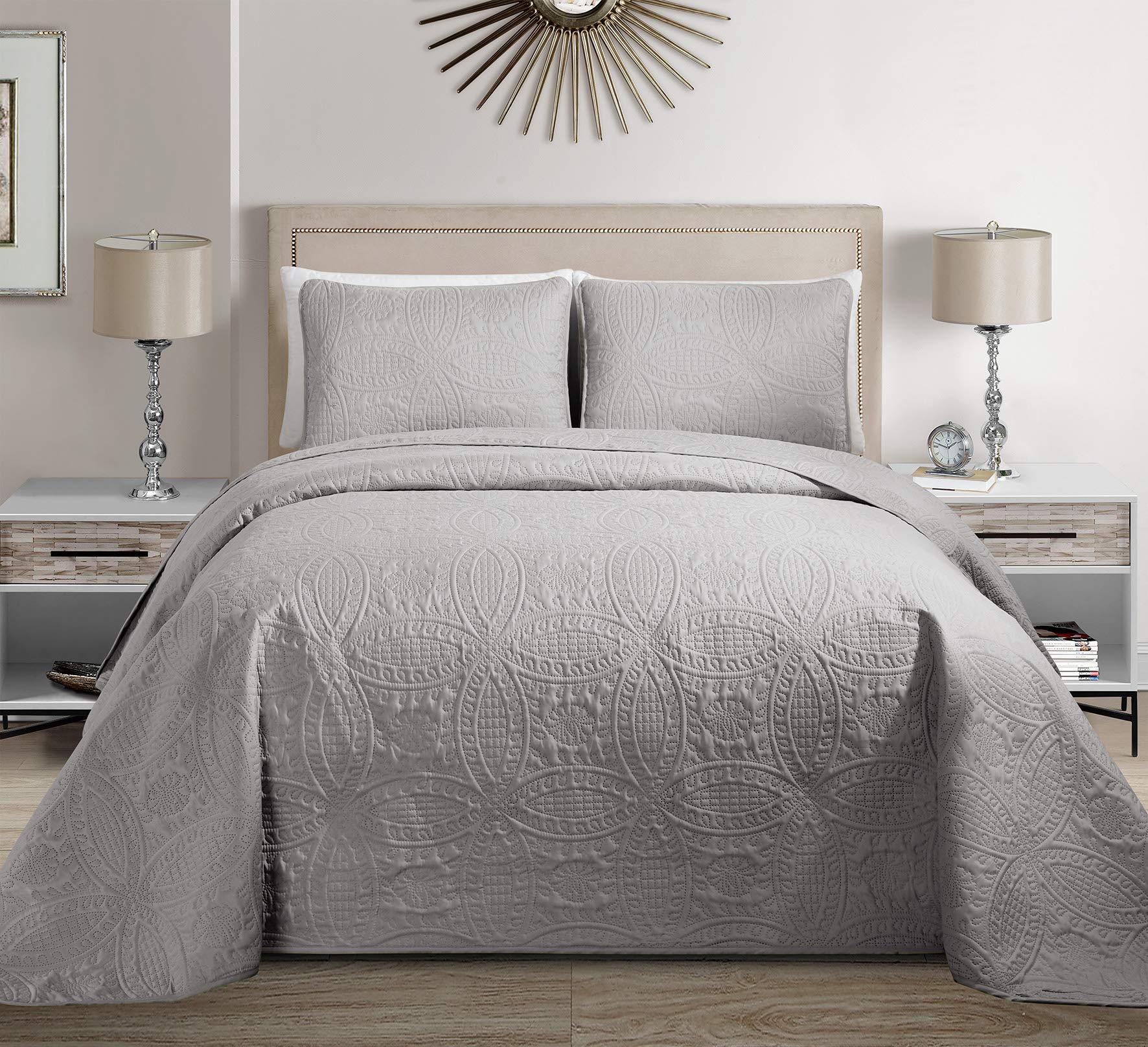 Mk Collection 3pc Full/Queen Solid Embossed Bedspread Bed Cover Over Size Silver 100" x 106" New
