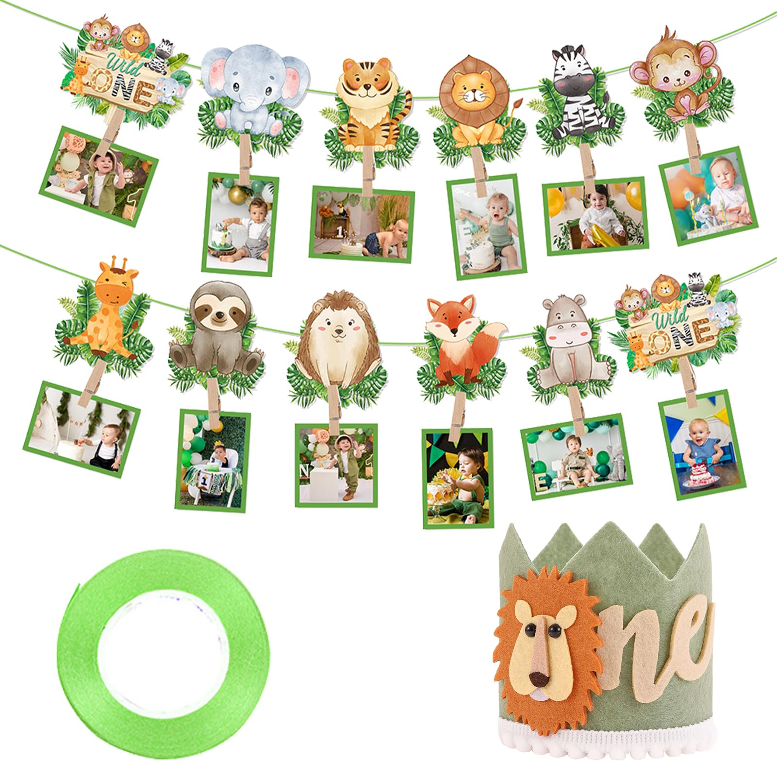 2 Pcs 1st Birthday Decorations for Boys, Wild Jungle Birthday Crown Hat and Photo Banner Decoration Props, Suitable for Jungle Theme Parties, Leaving Precious Memories for Children