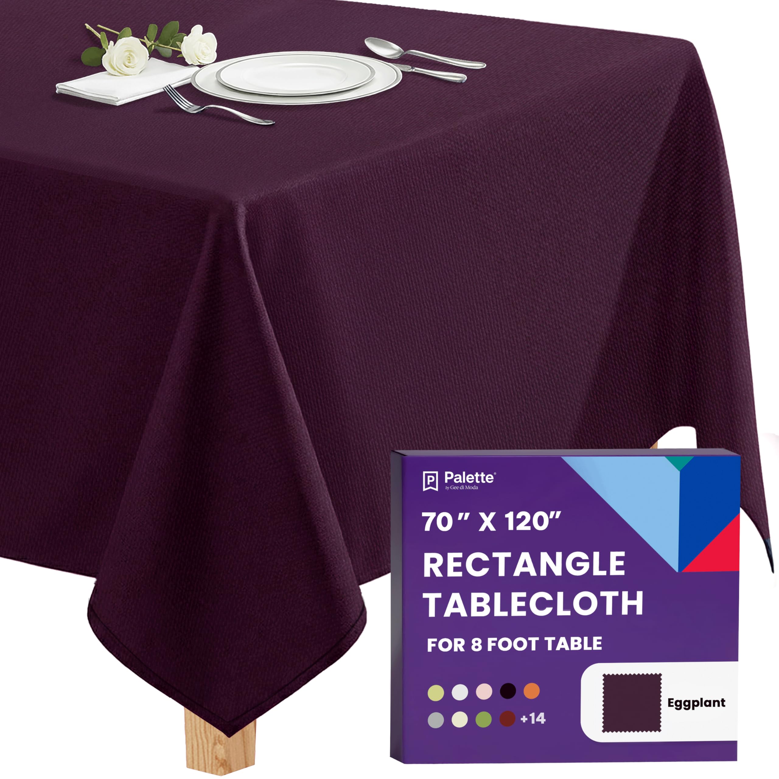Gee Di Moda Rectangle Tablecloth - 70 x 120 Inch Eggplant Table Cloth for 6 or 8 Foot Rectangle Table - Heavy Duty Washable Fabric - for Buffet, Holiday, Dinner, Wedding & Baby Shower — image 1