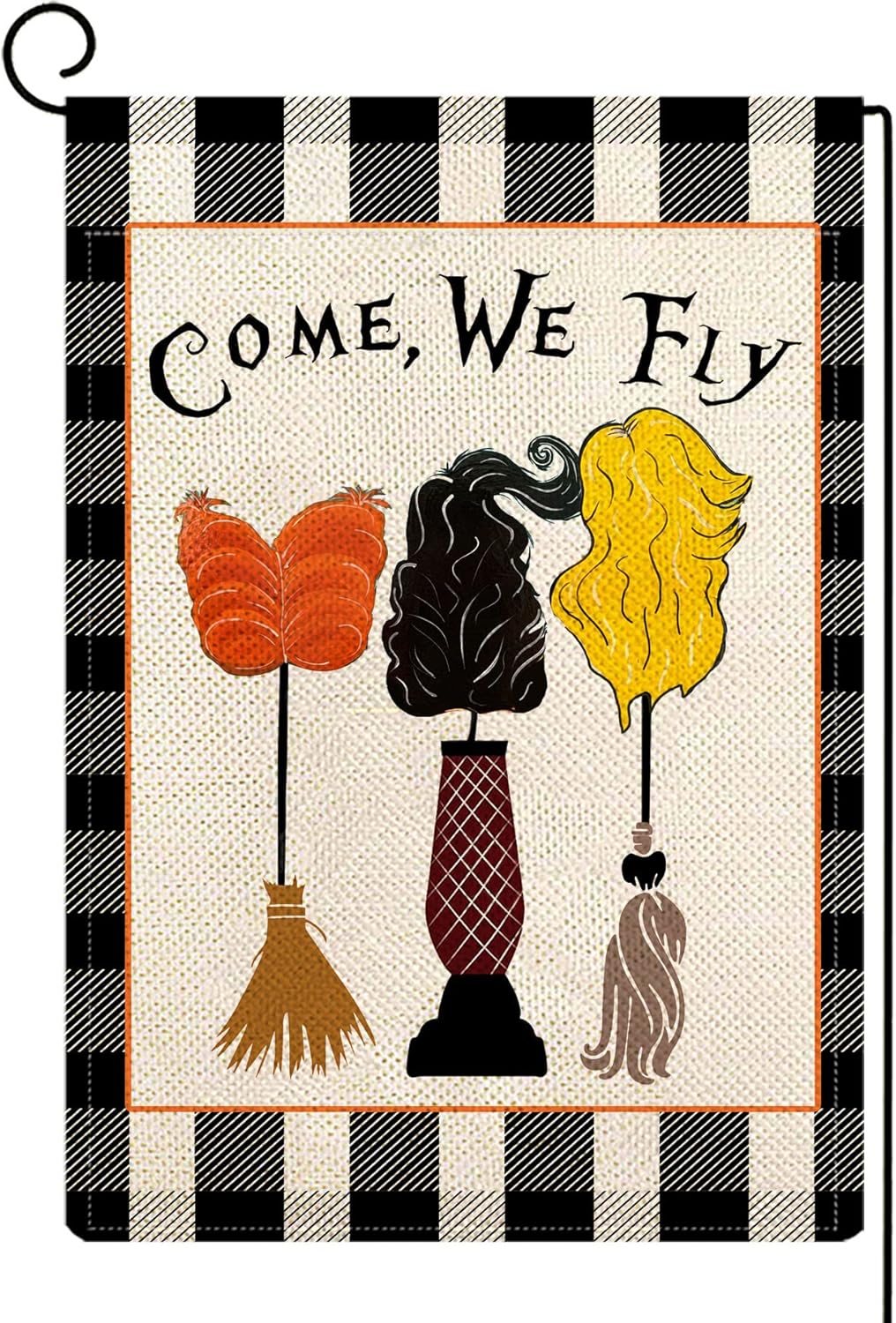 Flags - ORTIGIA Halloween Hocus Pocus Witch Garden Flag Double Sided Sanderson Sisters Vertical 12x18 Inch Buffalo Check Plaid Witch Broom Yard Flag Seasonal Flag Fall Farmhouse Seasonal Holiday Yard Décor