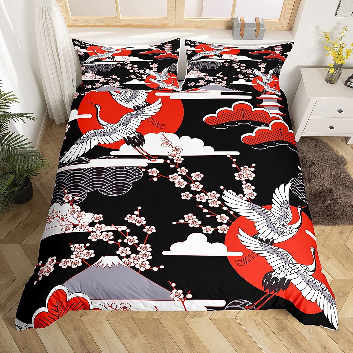Loussiesd Crane Duvet Cover Double Japanese-Style Bedding Set Cherry Blossoms Adult Women Girls Comforter Cover 3 Pieces Japanese Traditional Pattern Decor Comforter Set with Zipper Ties