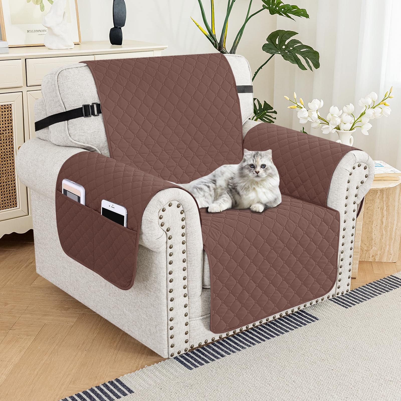 XINEAG Quilted Sofa Covers 1 Seater, Water Resistant Chair Covers for Dogs Pets, Non Slip Sofa Slipcovers with Pockets, Washable Furniture Protector with Elastic Strap (Chair, Coffee) — image 1