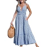 CUPSHE Women's Plunging V Neck Sleeveless Floral Boho Backless Ruffled Beach Summer Maxi Dresses with Pockets