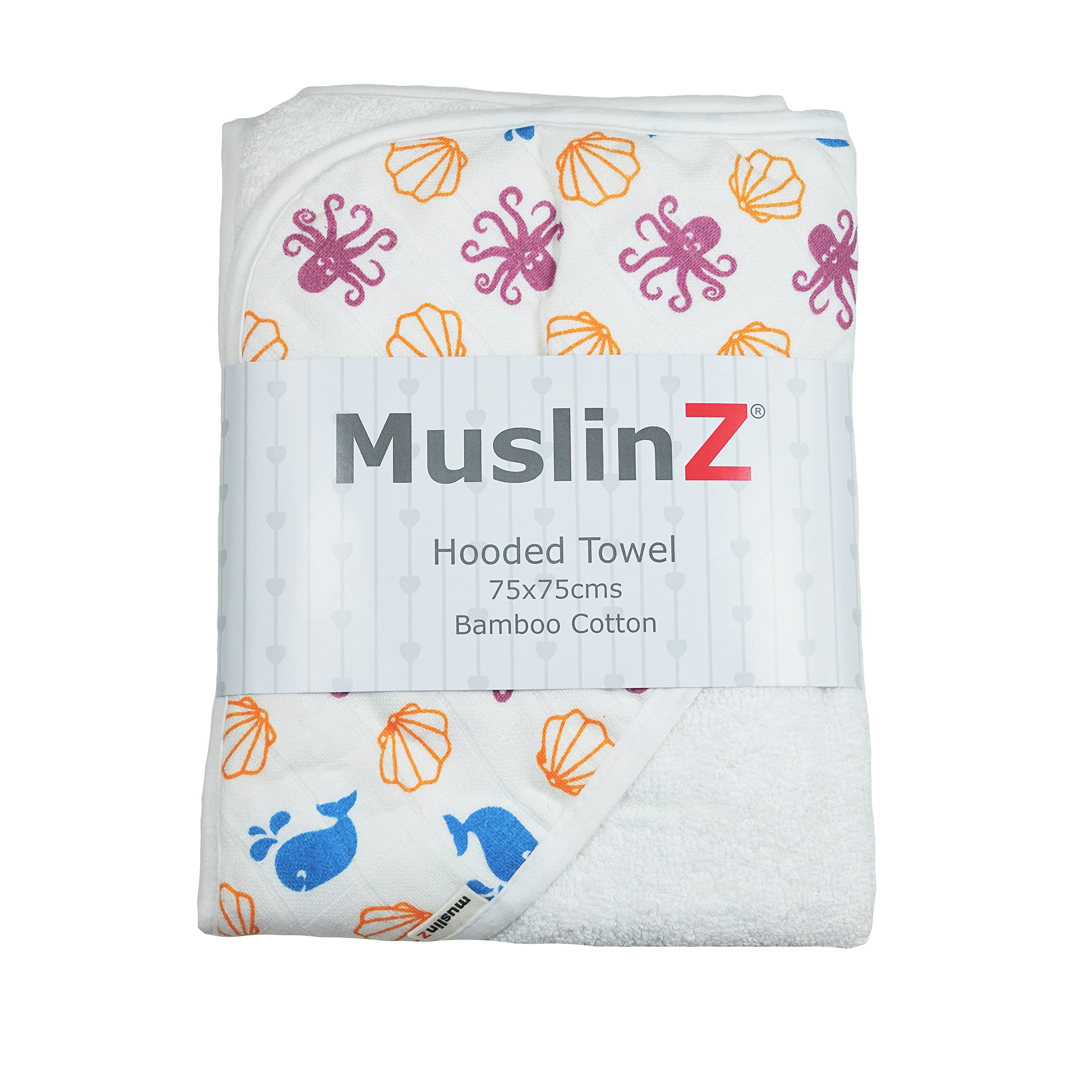 MuslinZ Baby Hooded Towel Soft Absorbent 50% Bamboo 50% Cotton Terry with Muslin Hood Newborn Towel - 75 x 75 cm (Sealife)