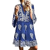 SELINK Womens Long Sleeve Dresses Casual V Neck Tribal Print Button Flowy Boho Mini Beach Dress