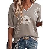 Dokotoo Women's Casual Short Sleeve Sweater Ribbed Knit Sweaters Tops | V Neck Shirts, Short Sleeve Tops, Business Casual Outfits, Floral, Comfy Lightweight Knit, Fashion Clothing, Fall Outfits
