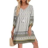 Zeagoo Womens Boho Dresses Casual Beach Summer Dress Tassel Tie Neck 3/4 Long Sleeve Mini Sundress 2026 Floral Print Cover Up