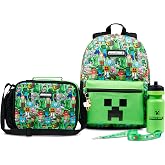 Minecraft Boys Backpack 5 Pc Gift Set, Creeper School Bookbag, Lunch Bag, Water Bottle, Keychain and Lanyard (Green AOP)