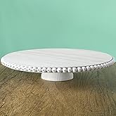 Beaded Tabletop Cake Stand 12 Inch Decorative Wood Cake Stand White Farmhouse Dessert Holder Pedestal Wood Round Dessert Stands Display Plate Serving Tray for Table Wedding