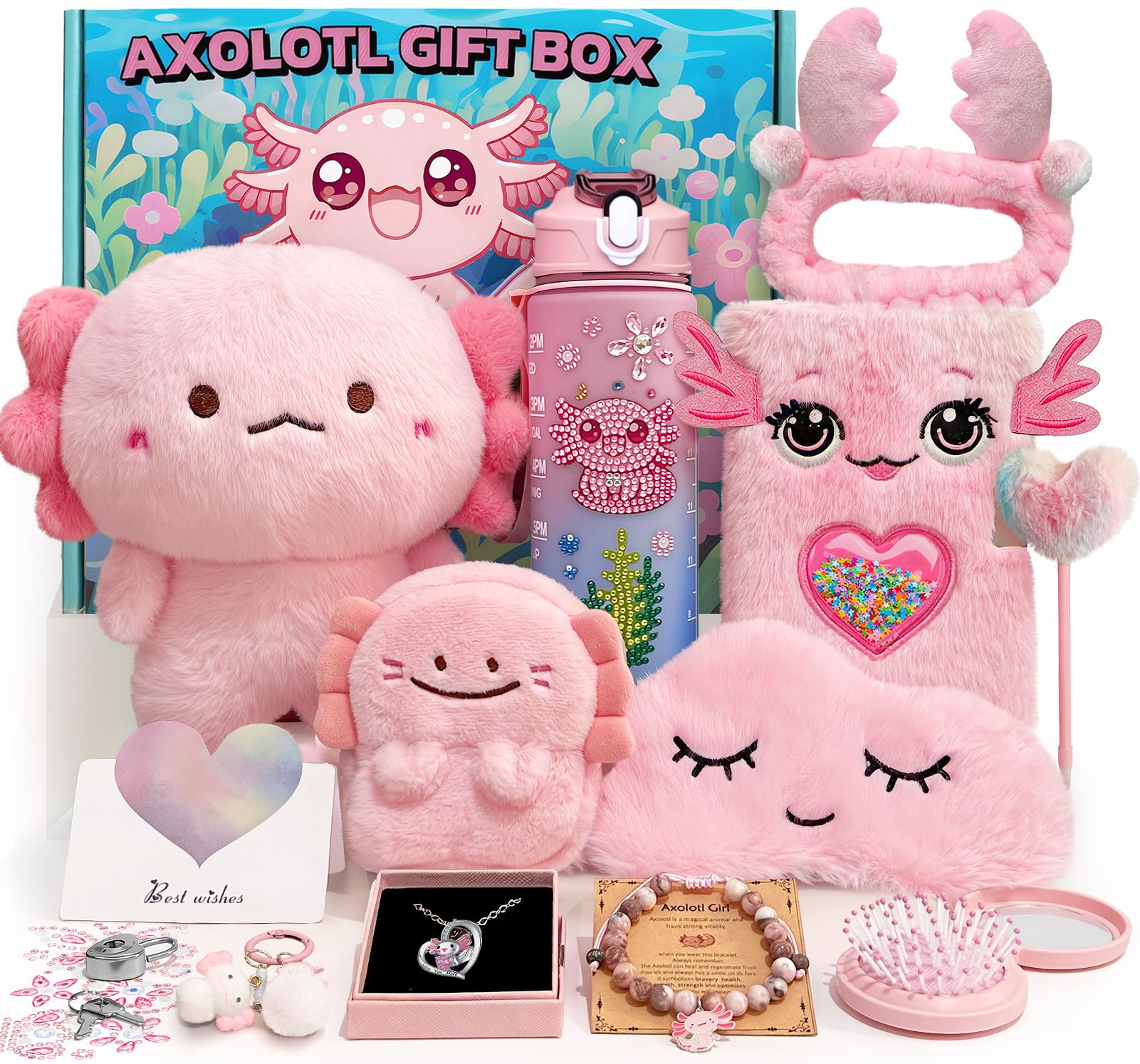 YuLeFang Axolotl Gifts for Girls with Plush Toy/DIY Diamond Water Bottle/Furry Keychain Purse Notebook Pen Eyemask Headband/Stone Bracelet/Necklace/Comb, Birthday Gift for Girl 4 5 6 7 8+ Years Old