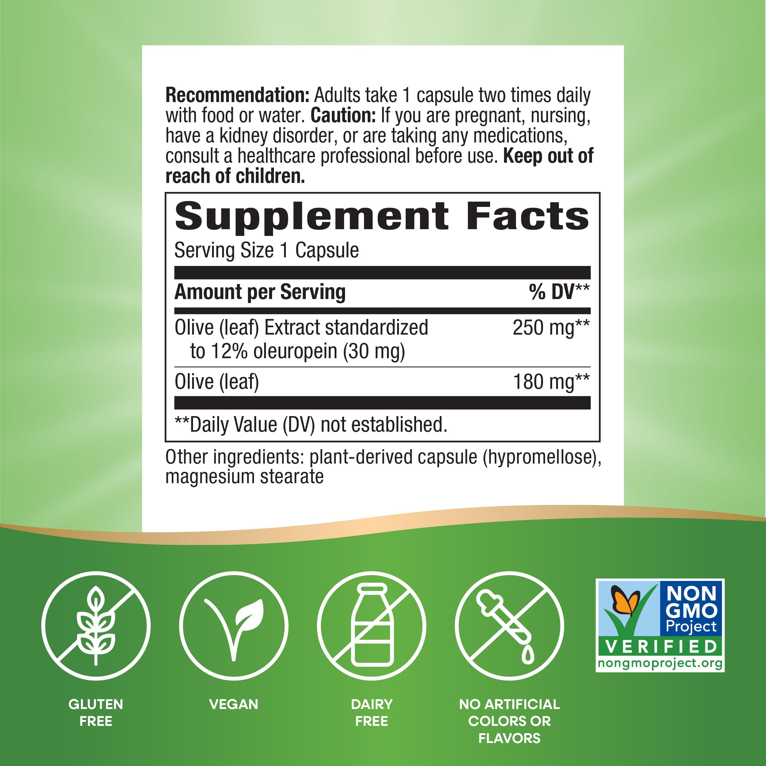 Nature's Way Olive Leaf Premium Extract Supplement, Supports Heart Health*, 250 mg Per Serving, Gluten Free, Vegan, 60 Capsules (Packaging May Vary)