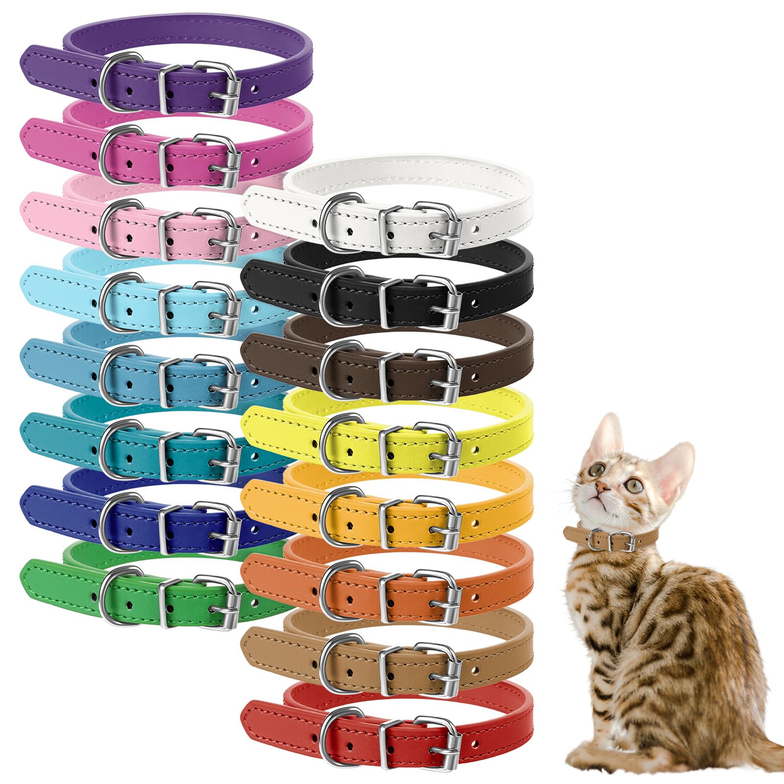 Photo 1 of 16 Colors Pet Collars Extra Small Adjustable Leather, Cat Puppy Dog Identification ID Collars for Dog Collar Leather PU Puppy Collar with Metal Buckle Neck 6~13 Inches for Small Medium Large Dogs Cat