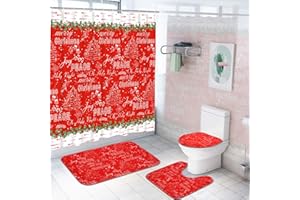 Alishomtll 4 Pcs Merry Christmas Shower Curtain Sets with Non-Slip Rugs, Toilet Lid Cover and Bath Mat, Christmas Tree Shower Curtain with 12 Hooks, Red Shower Curtain for Bathroom Decoration