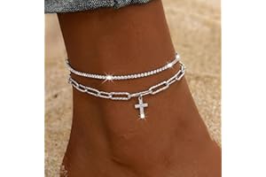 Women's Layered 925 Sterling Silver Anklet Set Paperclip Chain with Rhinestone Cross Pendant Lightweight Beach Anklets for Pa