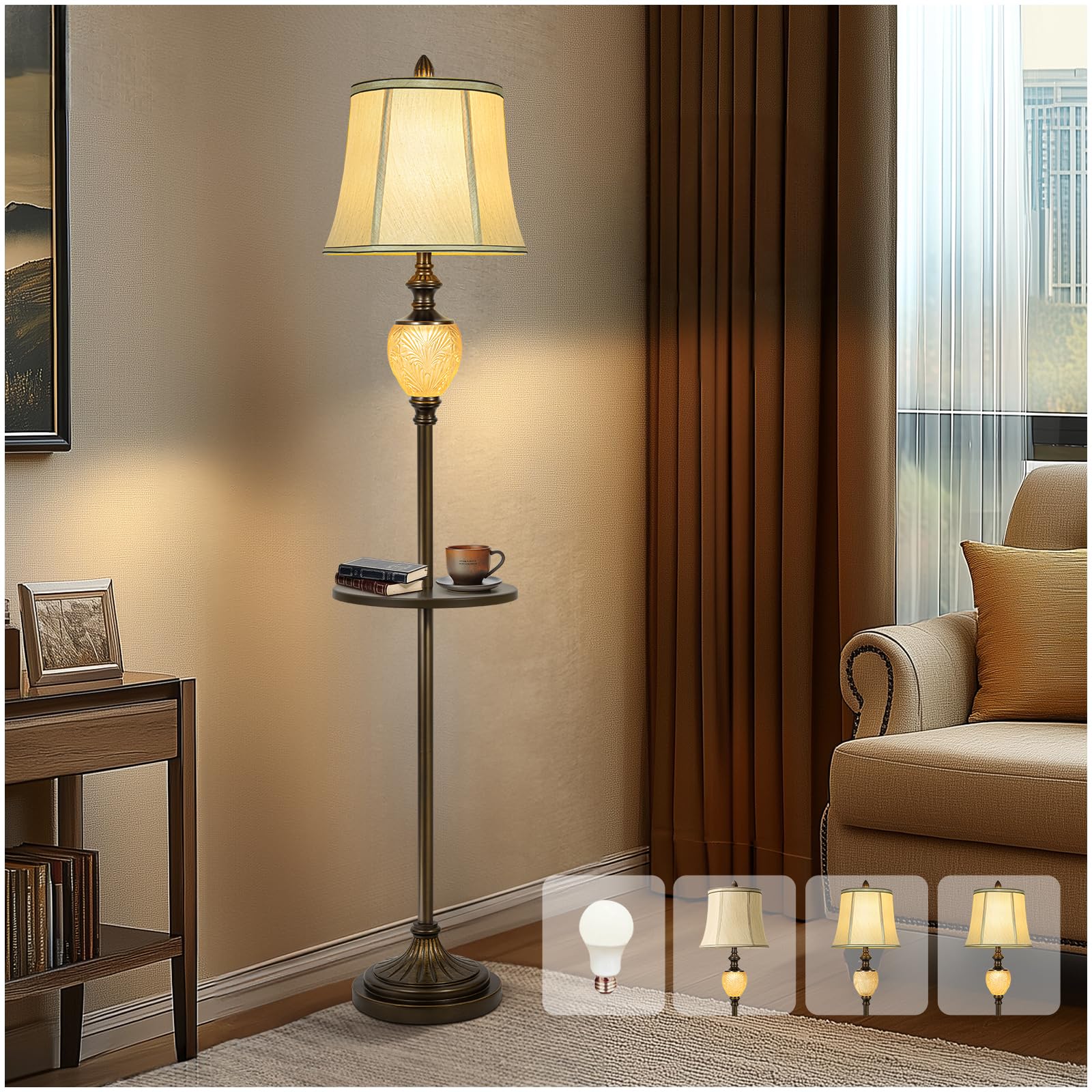 Photo 1 of 64" Vintage Floor Lamp for Living Room with Tray and Nightlight Farmhouse Tall Standing Lamp with Beige Faux Silk Shade Rustic Reading Lamp Decor for Bedroom Home Office Hotel Bar (Bulb Included)