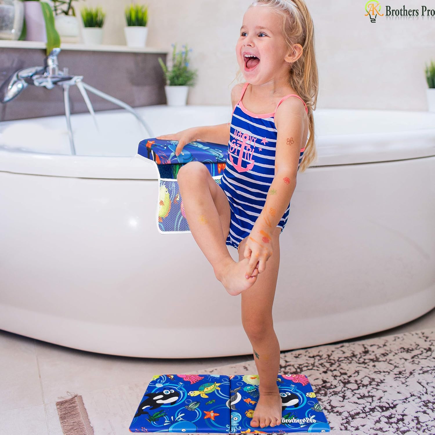 AK Brothers Bath Kneeler with Elbow Rest pad Set, Kneeling Mat with Three Extra Bonuses, Inflatable Spout Cover, Mesh Toys Organizer, 4 Colorful Decorative Tub Mats Toys in Tote Bag. Baby Shower Gift : Baby