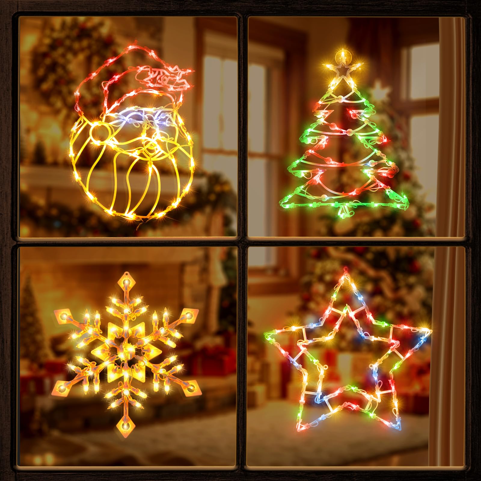 Photo 1 of 4 Pack Christmas Window Silhouette Lights Decorations, Santa Claus, Xmas Trees, Snowflake, and Star Window Silhouette with 50 Bulbs for Holiday Indoor Wall Door Glass Decorations