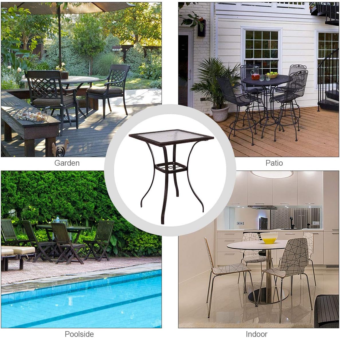 TANGKULA Patio Table Outdoor Garden Balcony Poolside Lawn Glass Top Steel Frame All Weather Dining Bistro Table (Mix Brown Square 28.5"): Kitchen & Dining