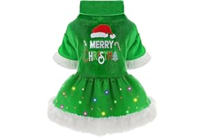 DOSUYI Dog Christmas Sweater Dress, LED Light Pet Christmas Outfit, Pet Clothes for Small Dogs Girl, Lightweight Velvet Puppy Dresses, Puppy Cat Apparel (Medium, Green)