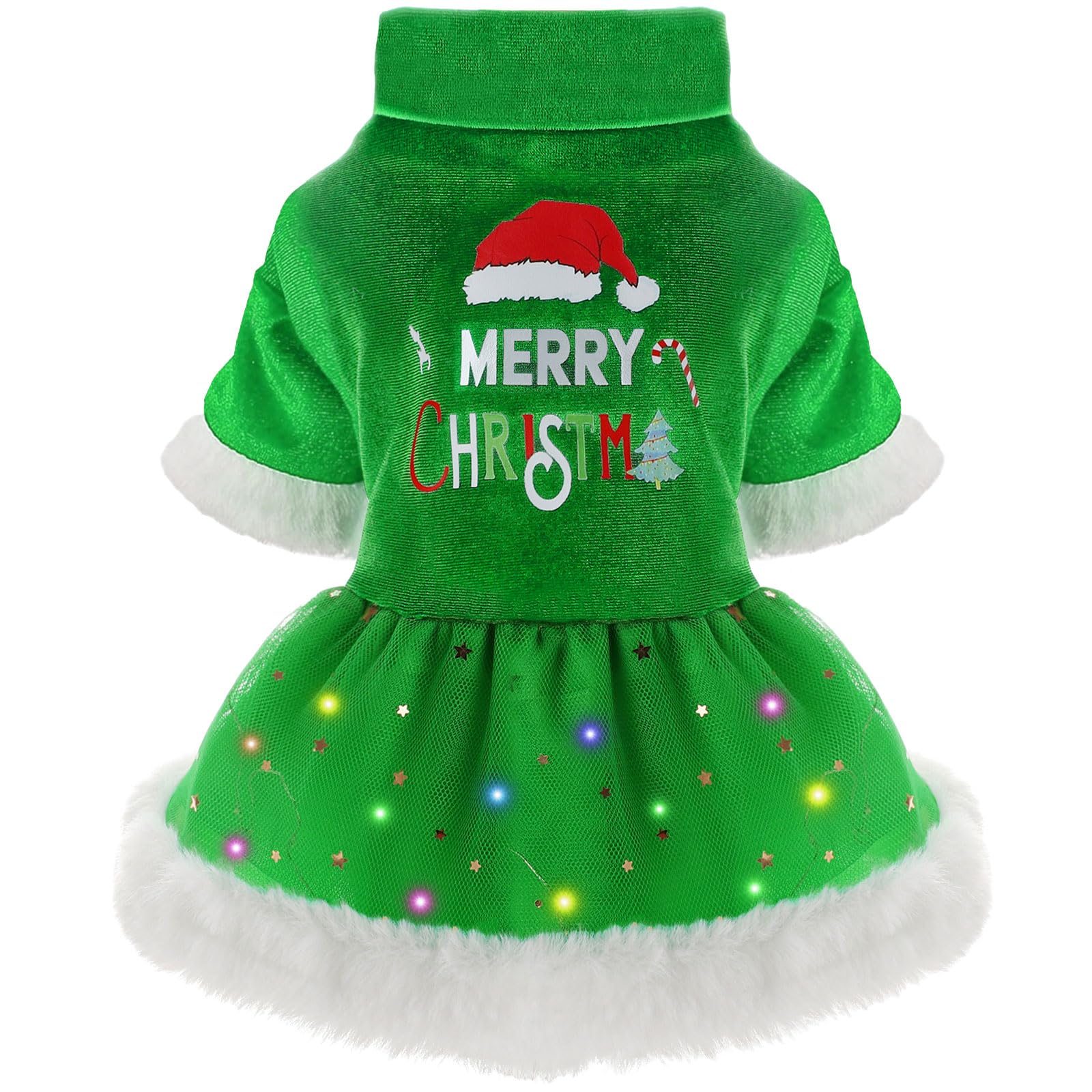 Photo 1 of **FACTORY SEALED**Dog Christmas Sweater Dress, LED Light Pet Christmas Outfit, Pet Clothes for Small Dogs Girl, Lightweight Velvet Puppy Dresses, Puppy Cat Apparel (Small, Green)