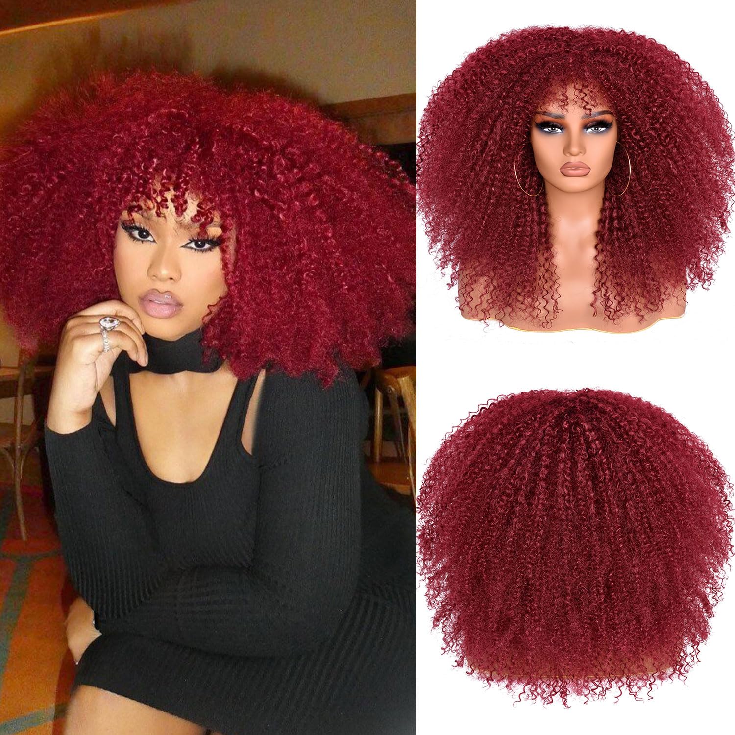 Lizzy Curly Afro Wigs for Black Women 18 Inches Afro Bomb Curly Wig with Bangs Synthetic Fiber Glueless Long Kinky Curly Hair Wigs for Daily Party (Red)