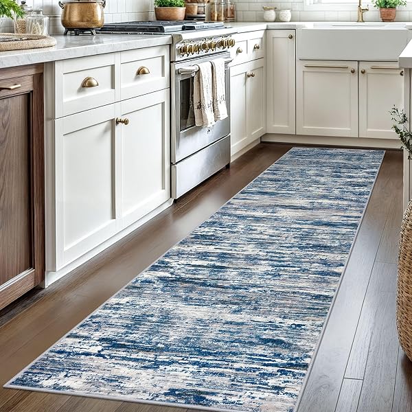 SIILOOM 2.6X8 MODERN ABSTRACT RUNNER RUG FOR HALLWAYS, NAVY BLUE GRAY NEUTRAL MULTI SUPER SOFT HALLWAY DECOR KITCHEN RUGS WITH SLIP-RESISTANT, NON-SHEDDING WASHABLE RUG FOR ENTRYWAY BEDROOM INDOOR