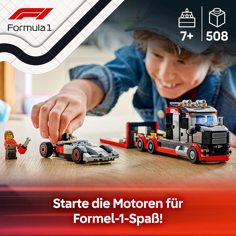 City F1 Truck mit Audi F1 Rennwagen - Spielzeug Modellbau mit 3 Minifiguren und Fahrzeug Hebefunktion - Geschenkidee für Jungen ab 7 Jahren und Motorsportfans - 60493 — Foto 3 von 8