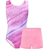 TENVDA Gymnastics Leotards for Girls Sleeveless Kids Dance Tumbling Outfit Matching Shorts Set Age 4-12 Years
