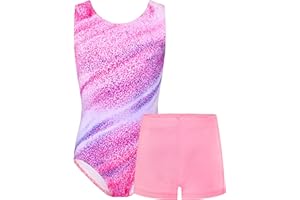 TENVDA Gymnastics Leotards for Girls Sleeveless Kids Dance Tumbling Outfit Matching Shorts Set Age 4-12 Years