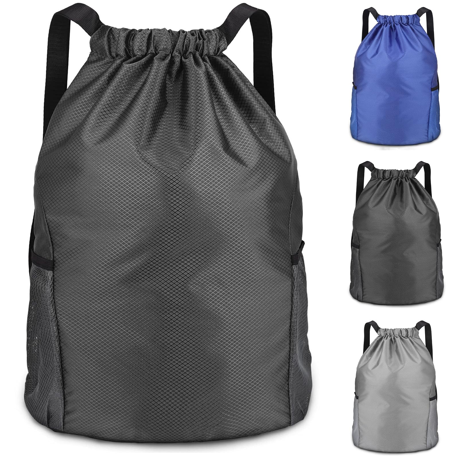 huipinghu Large Capacity Drawstring Backpack | Gym Sack with Outside Zipper & 2 Side Pockets | Unisex Sport Bag for PE Class, Gym & Travel - Water-Resistant, Durable (Black)