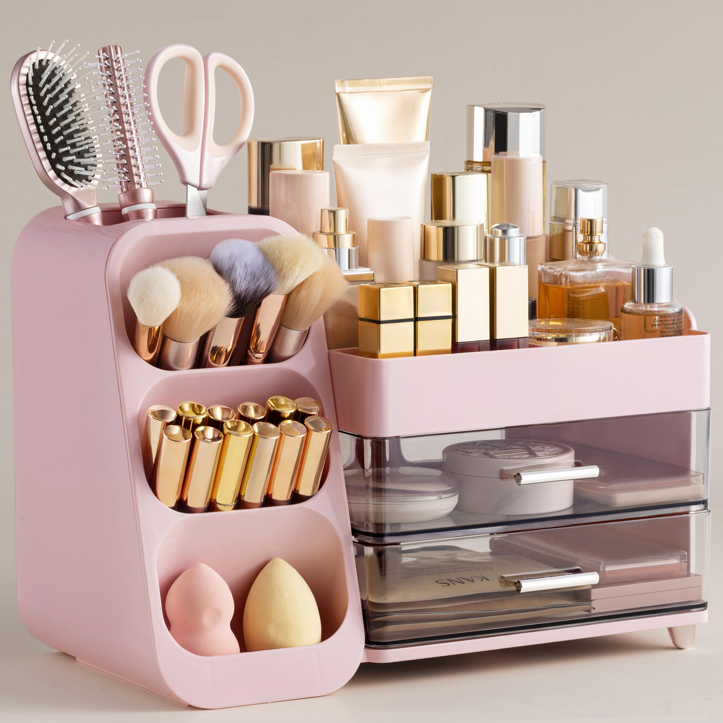 Photo 1 of HBlife Makeup Organizer with Brush Holder for Vanity, Large Plastic Bathroom Countertop Organizer Skin Care Storage, Easy to Store Lipsticks, Nail Polishes, Perfumes, Eyeshadow Palettes, Pink