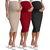 Sweetyweee 3 Pack Women's Maternity Skirts, Over The Belly Thermal Midi Ribbed Pregnancy High Waisted Stretchy Pencil Skirts