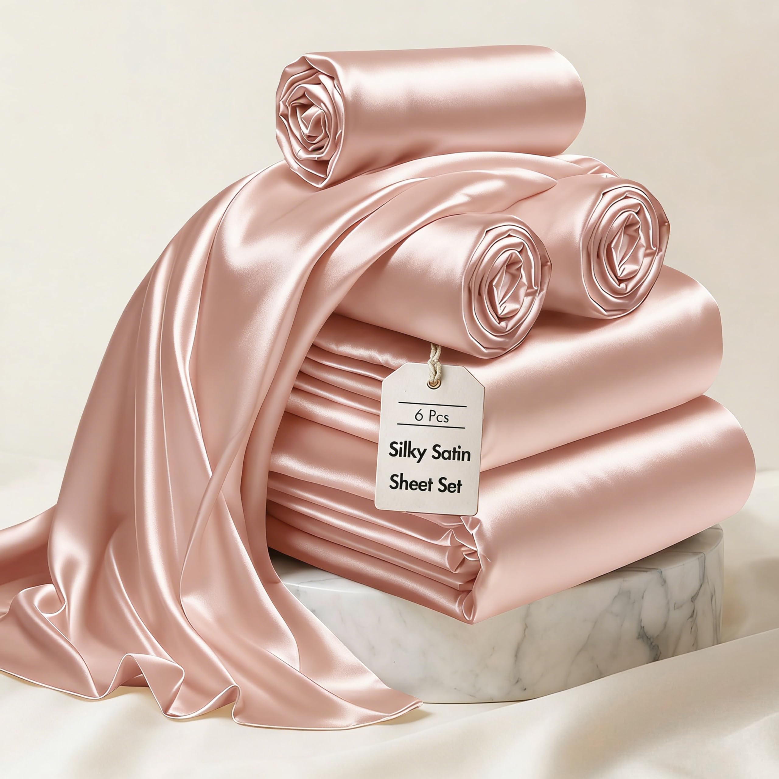 Madison Park Essentials Satin Sheet Set Luxury and Silky with Natural Sheen, Premium 16" Deep Pocket, All Around Elastic - Year-Round Bedding, Full, Blush, 6 Piece — image 1