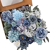 Floweroyal 36 Pcs Artificial Flowers Combo Dusty Blue Flowers Mix Silk Flowers Dahlia Roses with Stems for Wedding Bridal Bouquets, Baby Shower, Floral Arrangement, Table Centerpieces