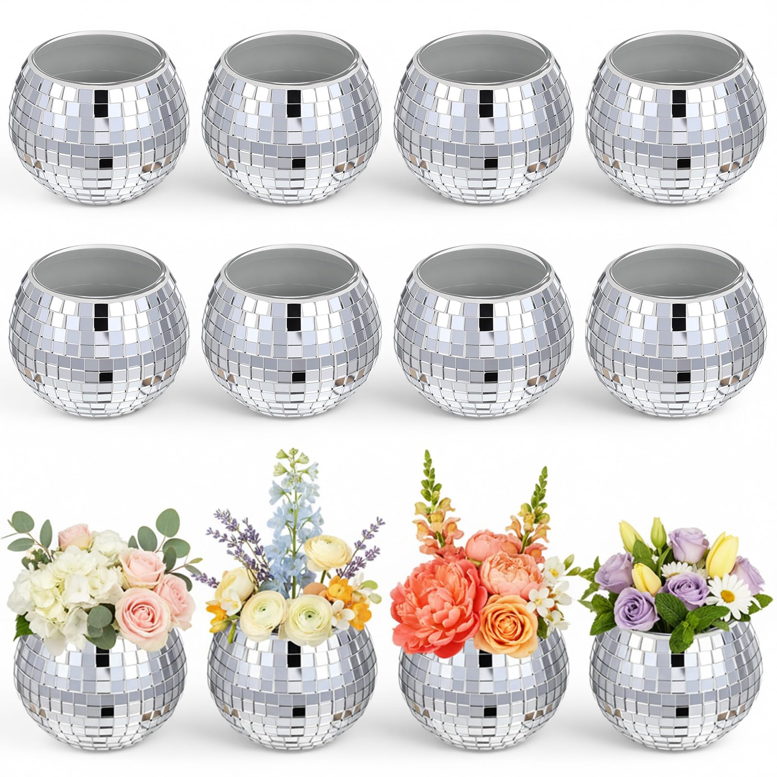Photo 1 of 12 PCS Disco Ball Candle Holder, Silver Disco Ball Vase 2x2.6Inch Multifunctional Pencil Cup Discos Flower Vase Discos Balls Centerpieces for Wedding Centerpieces, Birthday, Office, Bedroom Décor