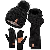 Womens Winter Beanie Scarf Gloves Set, Pom Pom Hat with Warm Fleece Lined Long Knit Scarf Touchscreen Gloves for Cold Weather