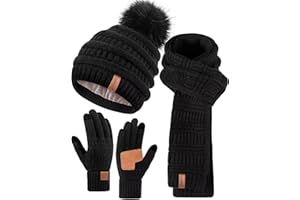 SENPUKI Womens Winter Beanie Scarf Gloves Set, Pom Pom Hat with Warm Fleece Lined Long Knit Scarf Touchscreen Gloves for Cold Weather