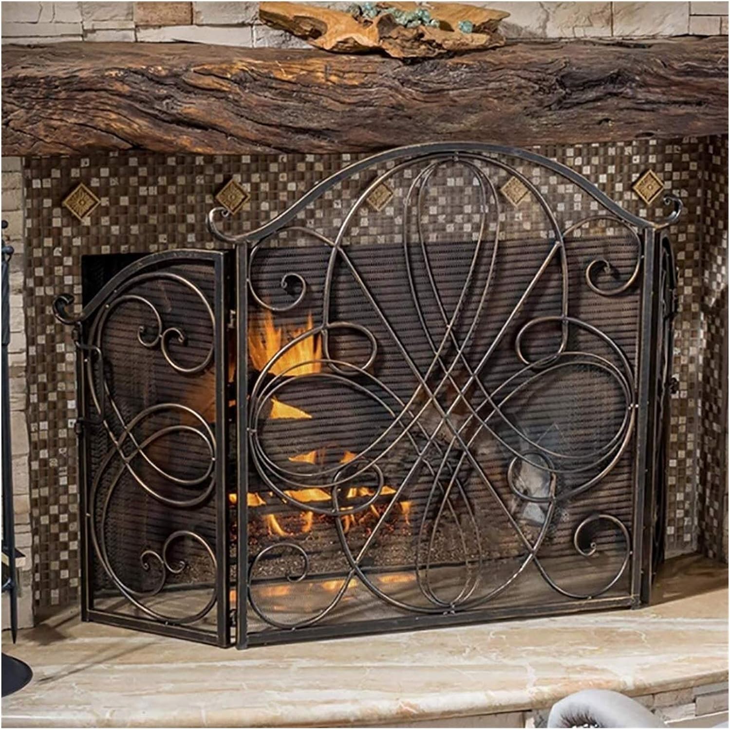 High Quality Fireplace Screens 3 Panel Ornate Folding Fire Guard, Heavy