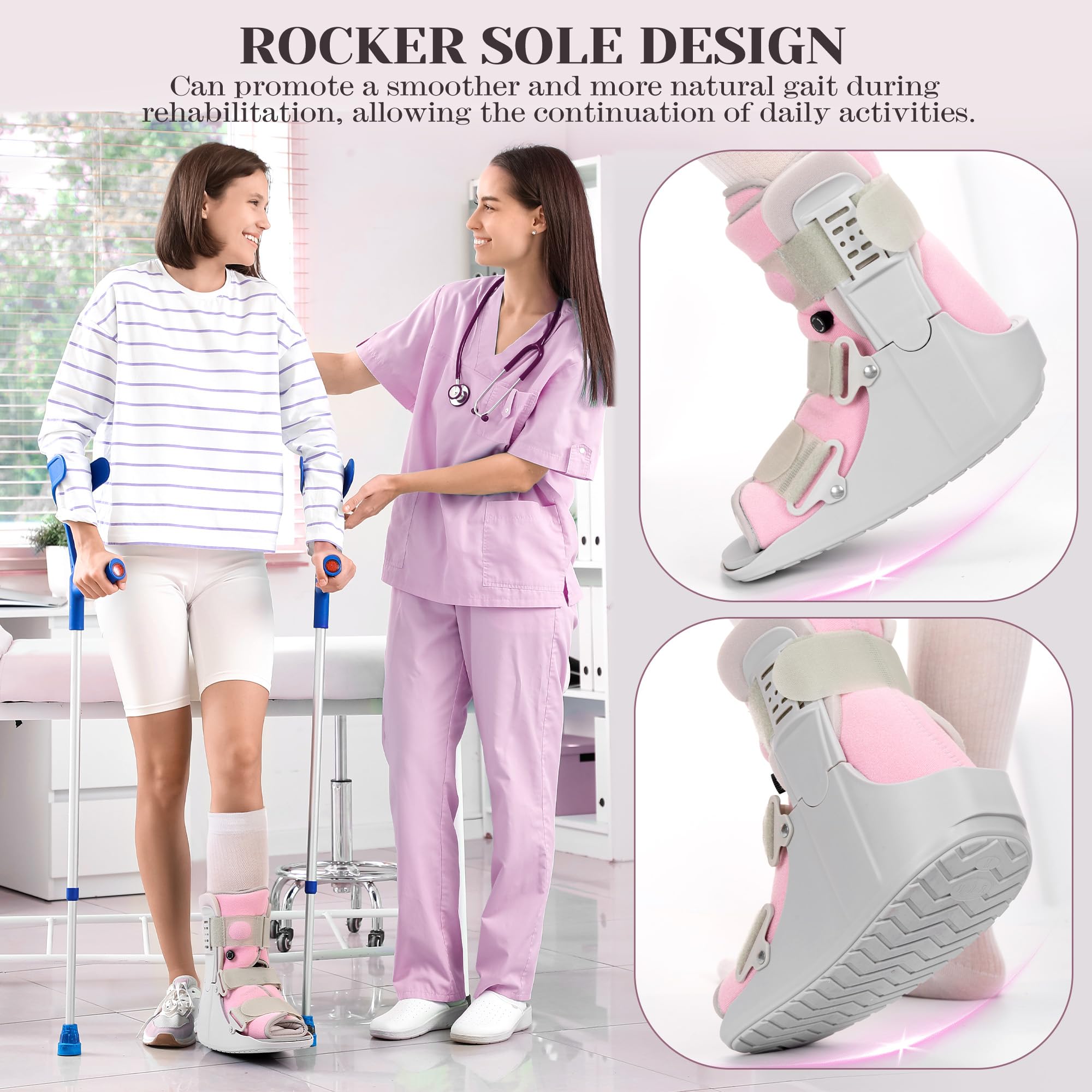 Walking Boot for Broken Foot, Air Cam Walker Boot for Foot Injury Adjustable Fracture Support for Sprained Ankle, Grey Shell with Light Pink Lining for Women Medium