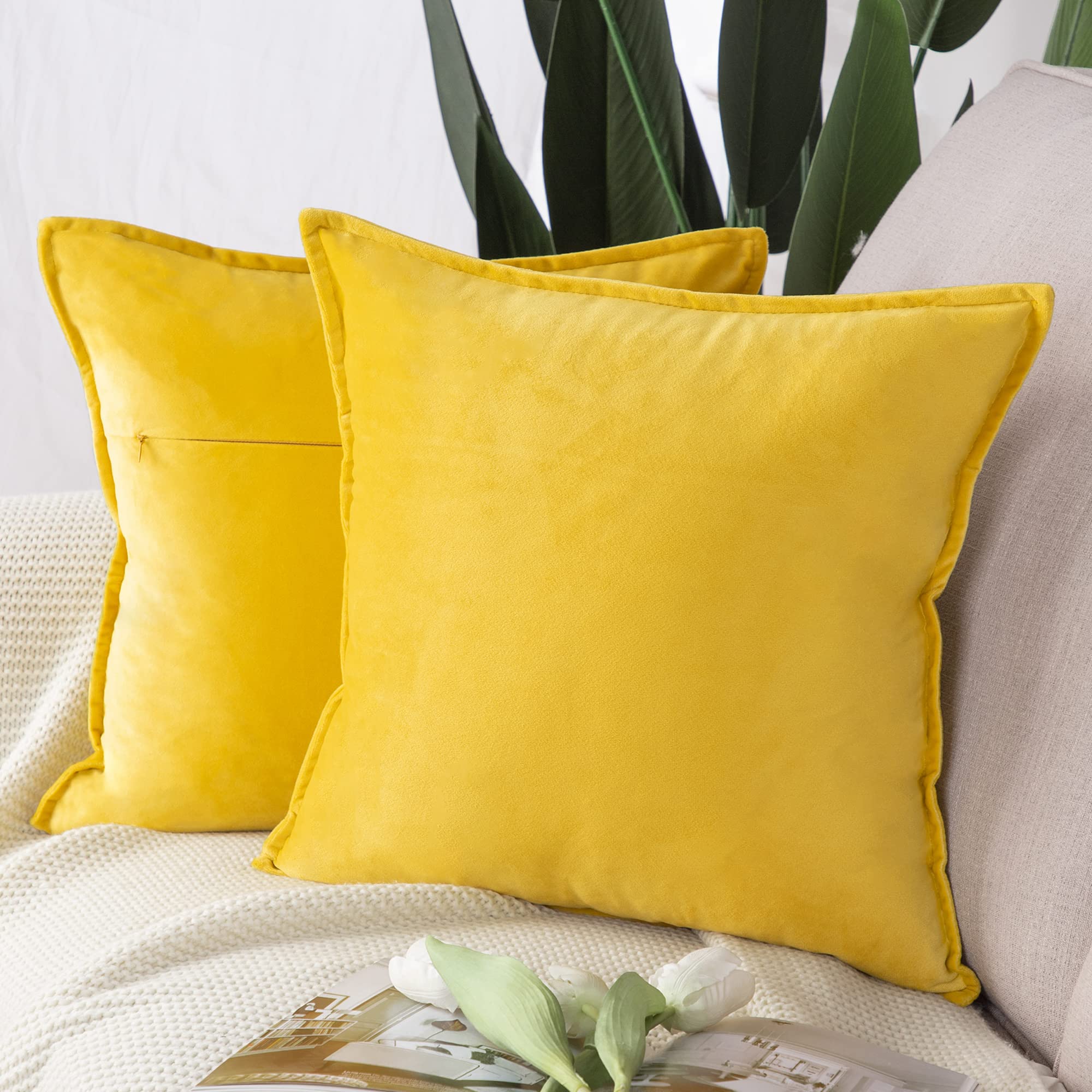 Madizz Pack of 2 Super Soft Velvet Decorative Cushion Covers with Fringe Luxury Style Cushion Case Pillow Shell for Sofa Bedroom Square Lemon Yellow 20x20 inch, 50x50 cm