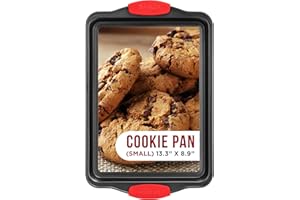 BAKKENMASTER Nonstick Cookie Sheet Pan Carbon Steel Oven Tray Sheet Pan with Red Silicone Handles -Small Bakeware Pan Tray with Gray Coating Inside & Outside