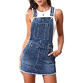 ELLEVEN Denim Overalls Mini Dress for Women, High Stretchy Adjustable Strap Jean Rompers with Pockets