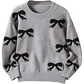 BEAUDRM Girl's Cute Bow Sweater Crew Neck Long Sleeve Drop Shoulder Loose Pullover Tops