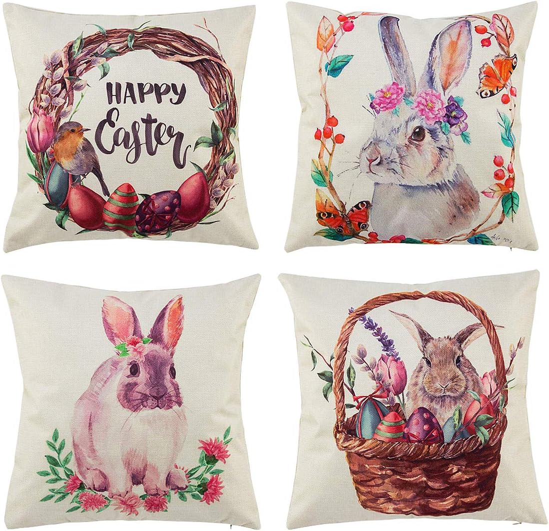 peony man Easter Egg Throw Pillow Cover, Rabbit Throw Cushion Pillowcase, Spring Linen Pillow Case with Hidden Zipper for Home, Car, Office Decor, 18 x 18 Inches