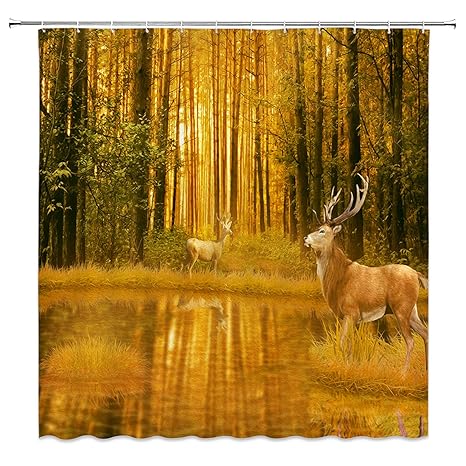 Forest Deer Shower Curtain Hunting Theme Autumn Nature Wildlife