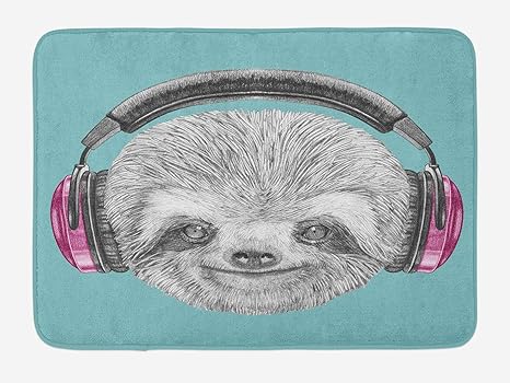 Amazon Assanu ナマケモノバスマットヘッドフォン付きdjナマケモノ面白いモダンキャラクタークールな笑顔ぬいぐるみバスルーム装飾マット滑り止め付き15 7 X 23 6 ティールグレー 浴室足ふきマット ホーム キッチン オンライン通販