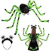Halloween Spider Costume for Adults Green Backpack Headband Ring Tattoos for Cosplay Halloween Party Props Accessories (Batteries Not Included)